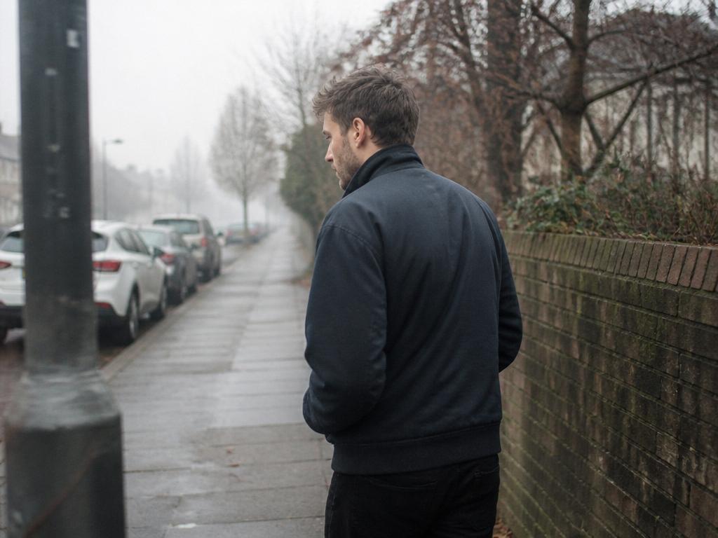 A man walks alone along a quiet residential pavement on a misty grey morning, hands in his pockets, caught mid-stride from behind.