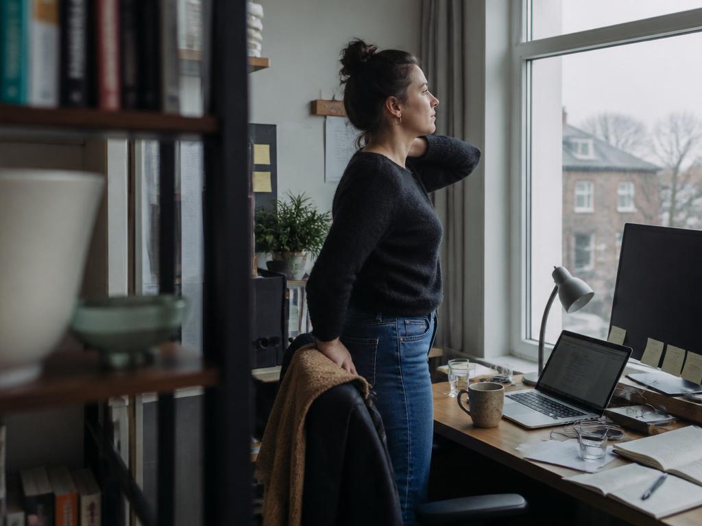 A woman stands and stretches her neck away from a cluttered home-office desk, looking out at grey daylight during a short work break.
