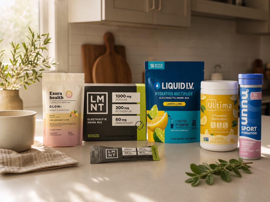 Ezora health Glow+, LMNT, Liquid I.V., Ultima and Nuun electrolyte products arranged on a calm kitchen counter in soft afternoon light with a ceramic mug and fresh herbs.