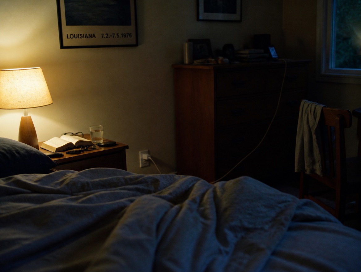 A dim bedroom in the evening with a warm bedside lamp glowing on a wooden nightstand, an open book lying beside a glass of water and reading glasses, a rumpled grey-blue duvet on the bed in the foreground and a phone charging across the room on a dresser.