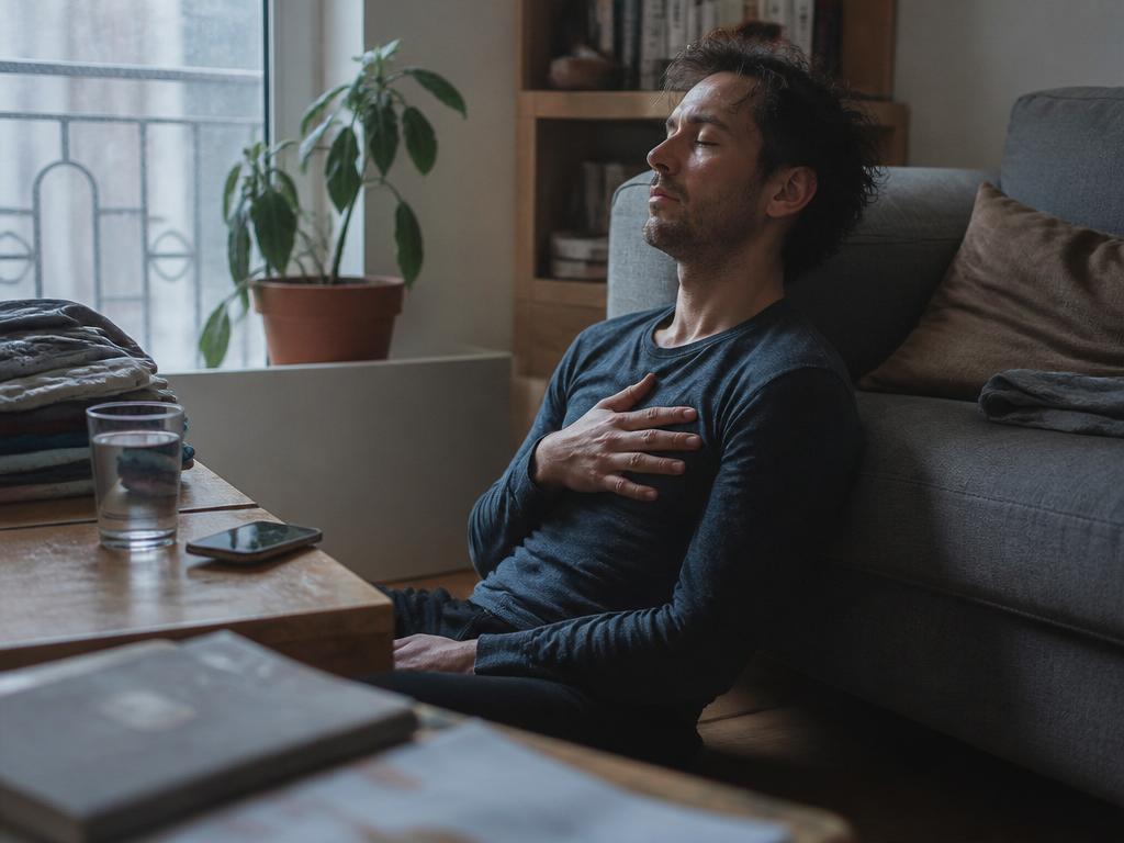 A man sits on the floor against a sofa near a window, eyes closed and one hand on his chest, taking a slow breath in cool daylight.