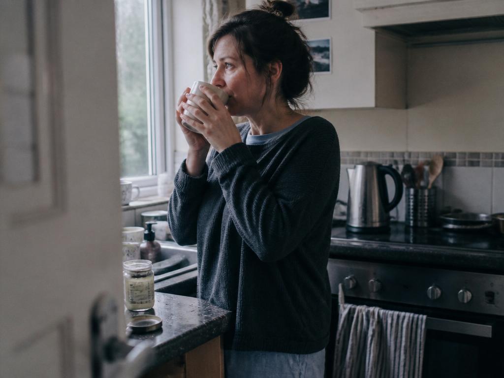 A woman at a slightly messy kitchen counter lifts a plain mug of coffee with both hands, gazing out the window on a grey morning.