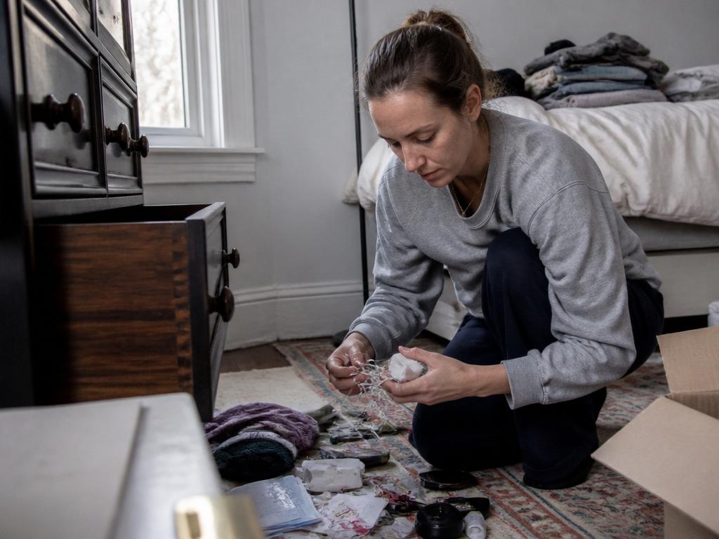 A woman crouches on a bedroom floor sorting the contents of a pulled-out drawer into small piles in cool, flat daylight.