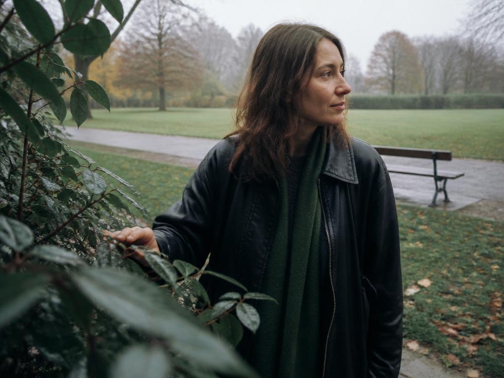 A woman pauses in a quiet, misty city park on a grey day, loosely touching the wet leaves of a shrub and looking toward the trees.