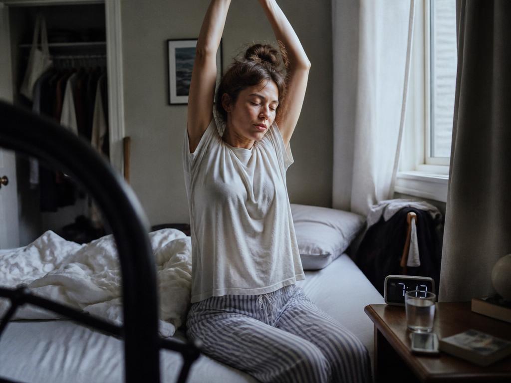 A woman just woken sits on the edge of an unmade bed in a dim bedroom, stretching her arms overhead in soft cool early daylight.