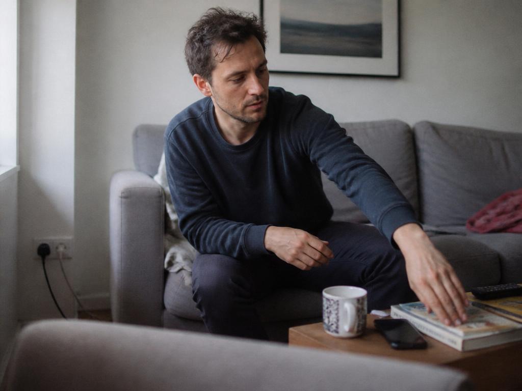 A man in his living room sets his phone face-down on a side table and reaches instead for a paperback book in cool daylight.