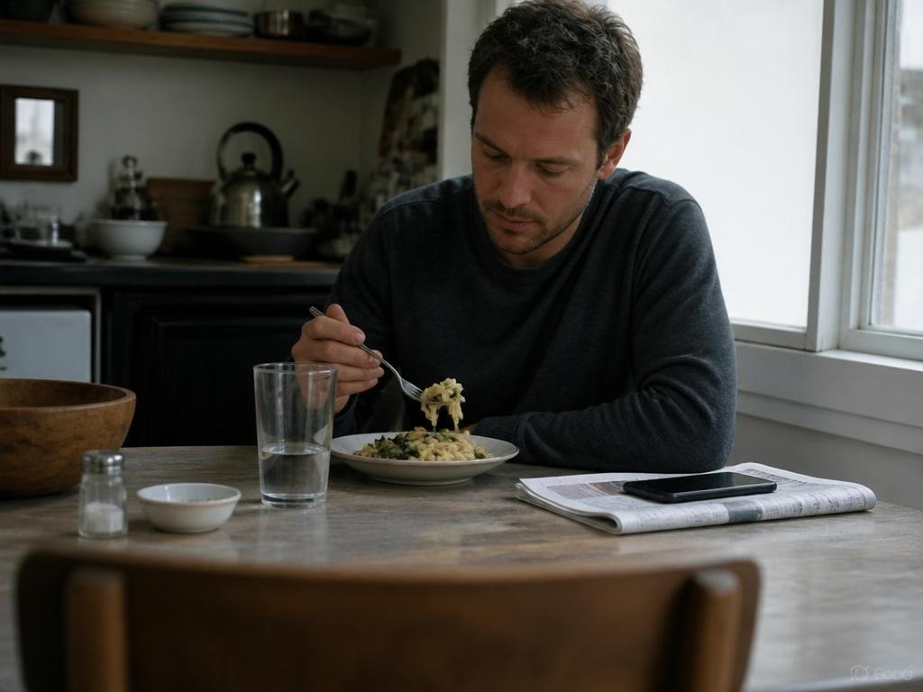 A man at a small kitchen table eats a simple plate of food slowly, eyes down on the plate with his phone set aside and dark.
