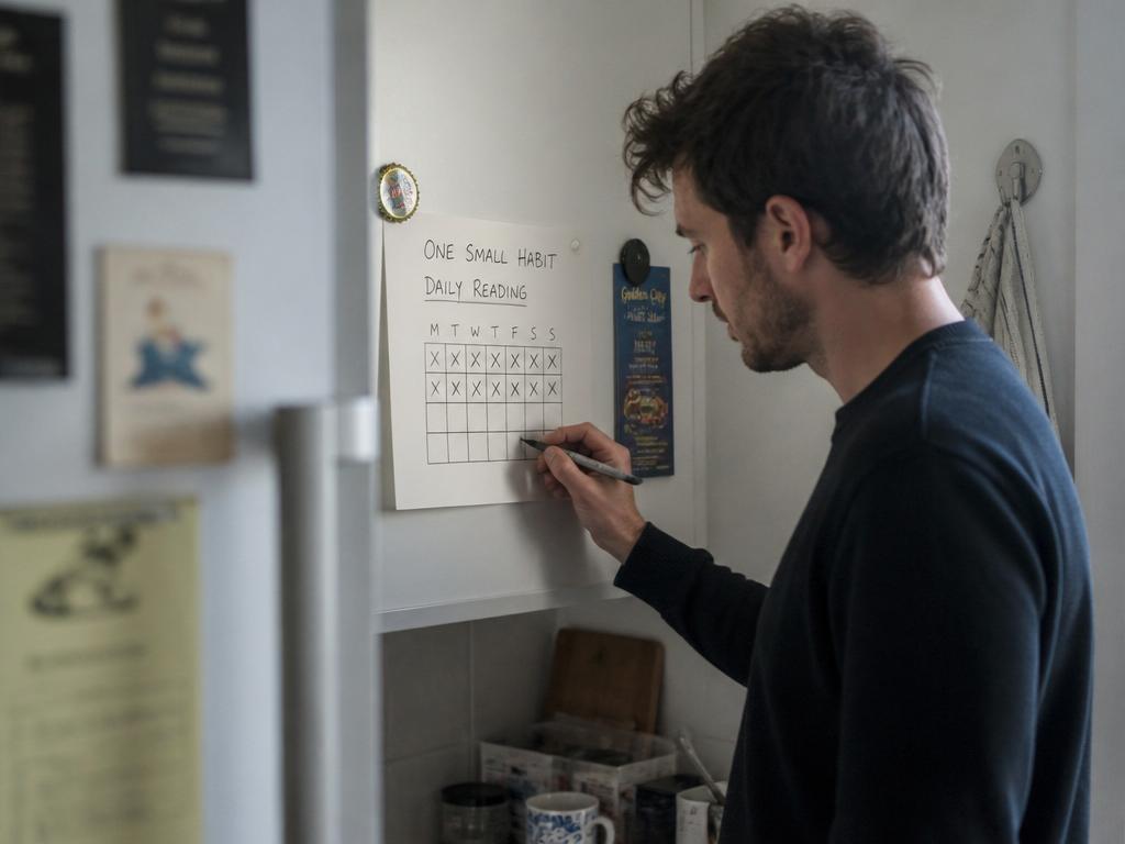 A man by a kitchen wall marks a small tick on a simple paper habit calendar with a marker pen in cool overcast daylight.