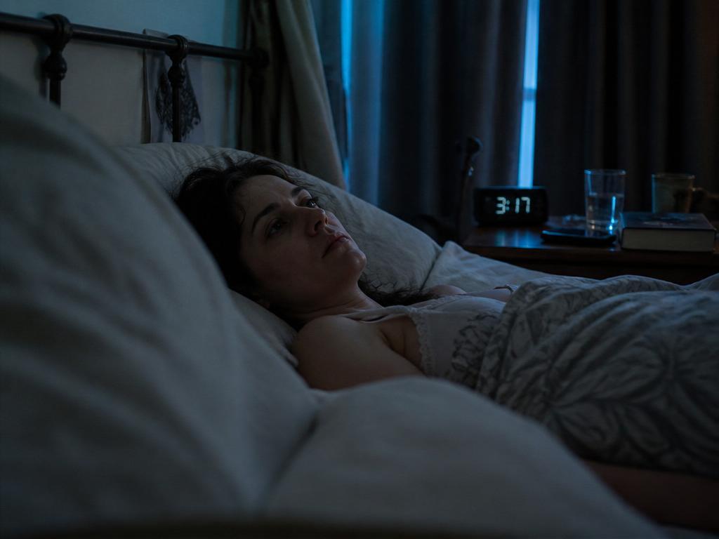 A woman lies awake on her back in bed in the middle of the night, faint cool light from a gap in the curtains, a glowing clock nearby.