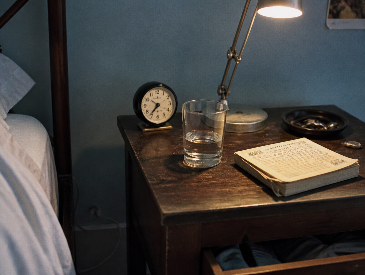 A dim bedroom nightstand at dusk with a small analog alarm clock, a half-empty glass of water, a worn paperback, and a warm desk lamp, beside rumpled white sheets on a bed against a soft blue-grey wall.