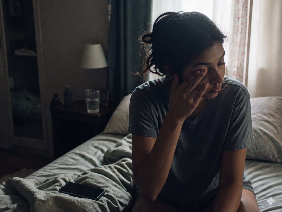 A young South Asian woman in a grey t-shirt sits on the edge of an unmade bed at dawn, rubbing one eye with her hand and looking down, a phone face-down on the rumpled sheets and a glass of water on the nightstand.